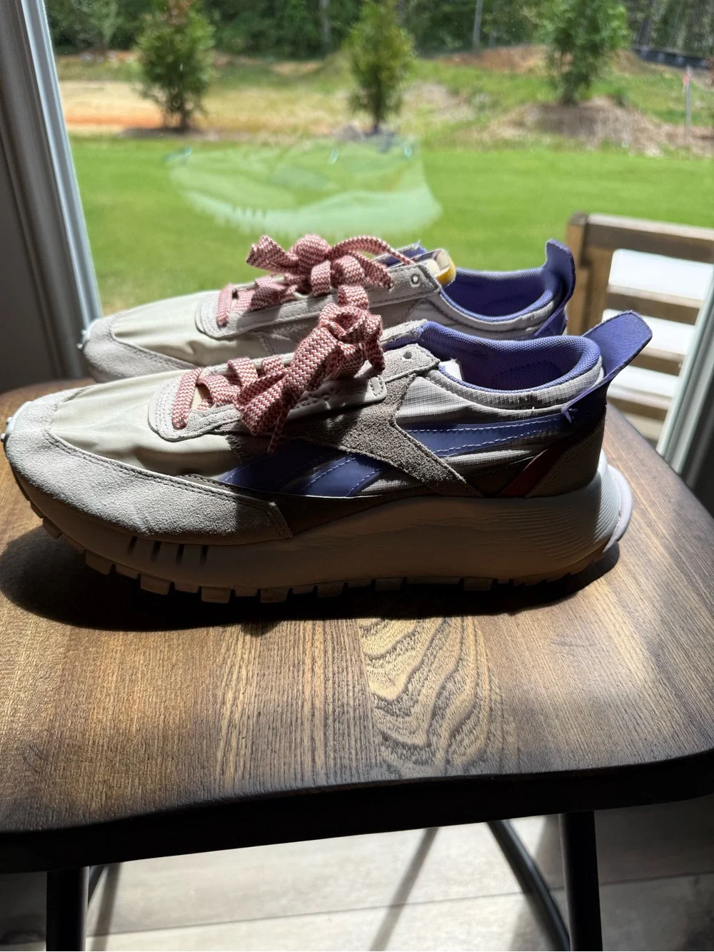 Reebok Beige and Purple Women's Platform Sneaker with Pink Laces